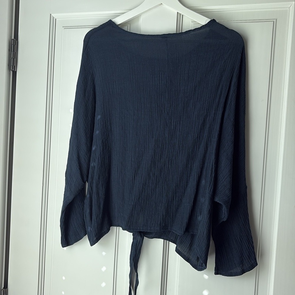 Tie Front Gauze Blouse Large Navy Blue Long Sleeve Dolman Top - Picture 6 of 6